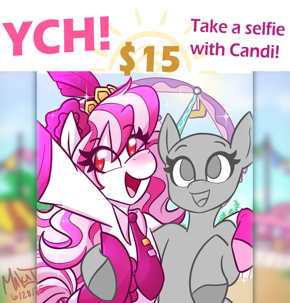 YCH promo image featuring Candi from Wild Manes taking a selfie with a blank pony. They are in Candi's Carnival.