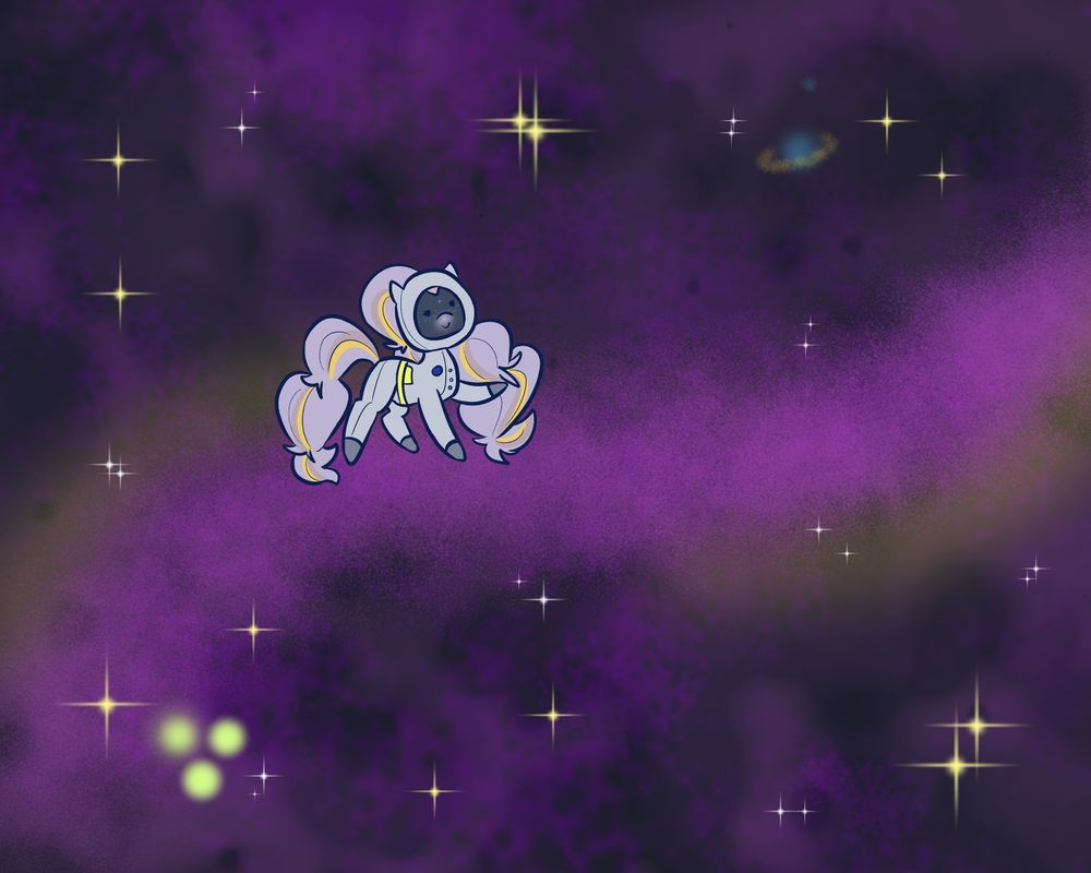 Halley from Wild Manes, in a small simple style wearing a space suit. They are floating in a colorful space environment.