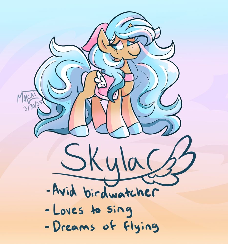 The same image as previous, but with some written details.
Text reads: "Skylar, Avid birdwatcher, Loves to sing, Dreams of flying"