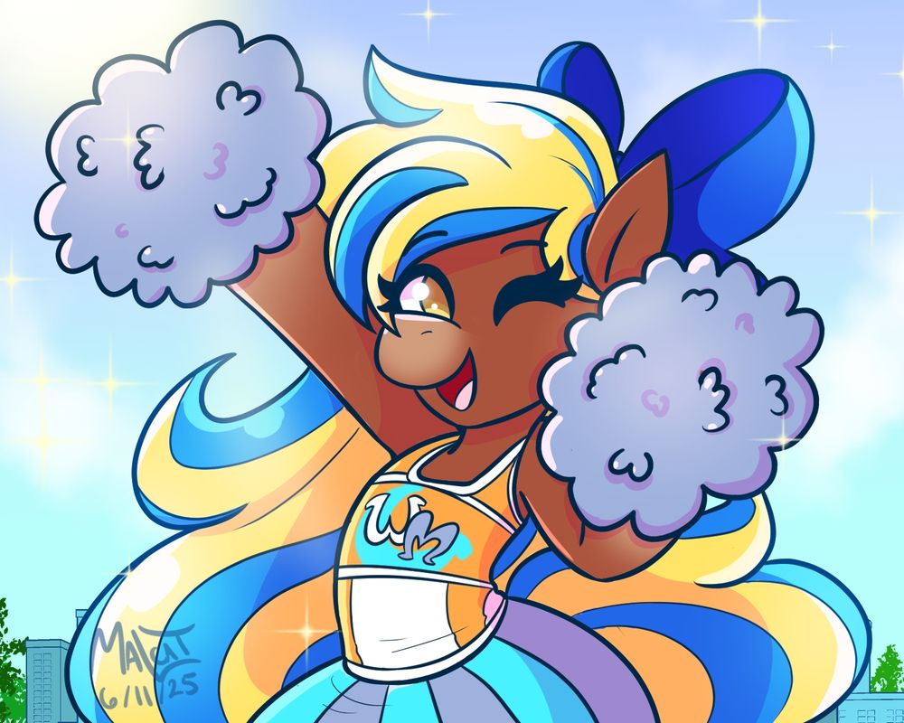 Fan art of Zoey from Wild Manes. It is a half-body shot of her in a cheerleader outfit. Her top is orange with a blue horseshoe design, and a blue "WM" (Wild Manes) symbol in the center. She is holding two blue pompoms, one is held next to her face, and the other raised in the air.