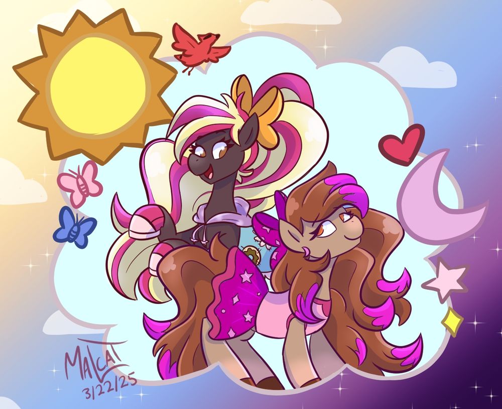 Lana and Dreamer from Wild Manes together in a cloud. Dreamer is standing in front, to the right, and looking upwards at Lana. Lana is standing, on the left, on her back hooves and looking back down at Dreamer. 

On Lana's side of the cloud, there is a sun, pink and blue butterflies, and a red cardinal. The sky behind her is  morning.

On Dreamer's side of the cloud, there is a purple crescent moon, a pink star, a yellow star, and a red heart. The sky behind her is night.