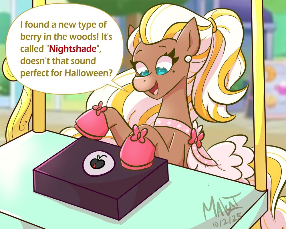 Fan art of Cherie from Wild Manes. She is standing at her cart, happily looking at a black box of macarons.

She says, "I found a new type of berry in the woods! It's called "Nightshade", doesn't that sound perfect for Halloween?"