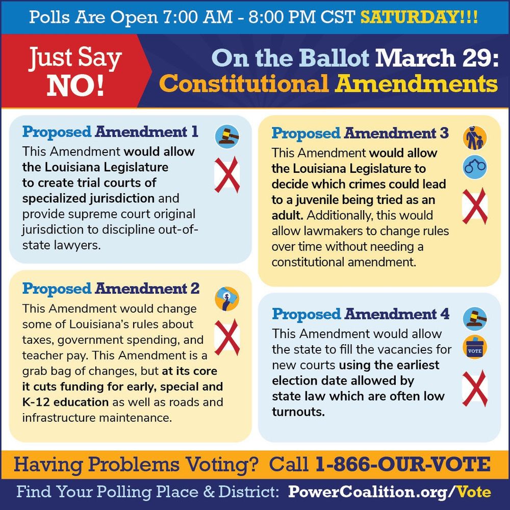 A red X is in 4 to vote “NO” on Louisiana State Constitutional Amendments 1, 2, 3, and 4 with summaries of each.
