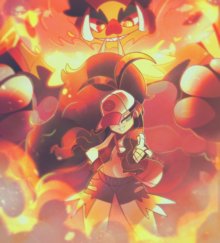 Hilda one of the protagonist from Pokemon Black and White (video game) 
standing in front of her Pokemon Emboar while flames surround them. 