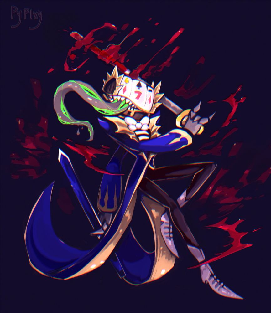 Wulfgang o’ Mimic is this characters name. A gambling demon based on the monster Mimic, with a tongue with multiple eyes. He is hacking and slashing in the illustration. 