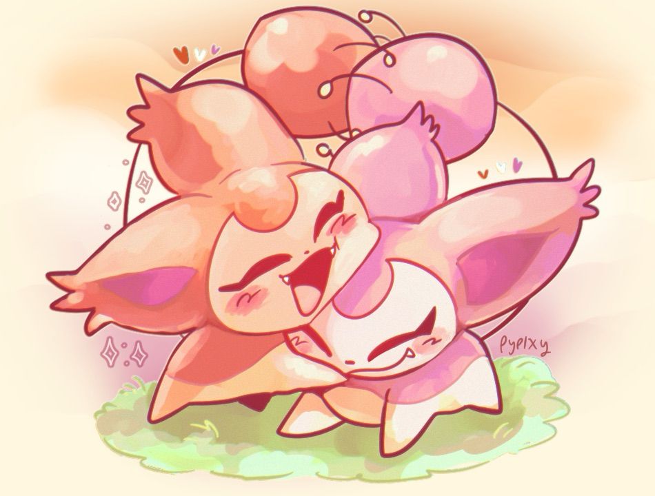 Two skitties from the Pokemon series showing affection for each other. The skitty on the left is a shiny version. Made originally for a Pokemon pride mural project.  