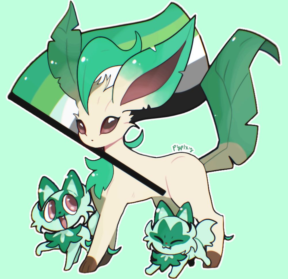 Aromantic pride art made for a Pokemon pride mural project. Featuring leafeon and sprigatito from the Pokemon series. Leafeon is shown holding an aromantic flag standing next to two sprigatitos.