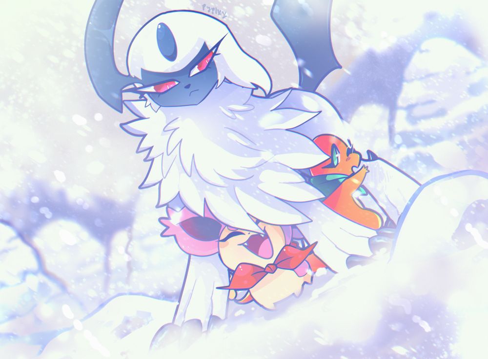 Based off of the Frosty Forest chapter in pokemon Mystery Dungeon, with Skitty, Absol, and Charmander from the Pokemon series. Absol is above a Skitty and charmander shielding them from the snow. Charmander is holding on while Skitty is Skitty.