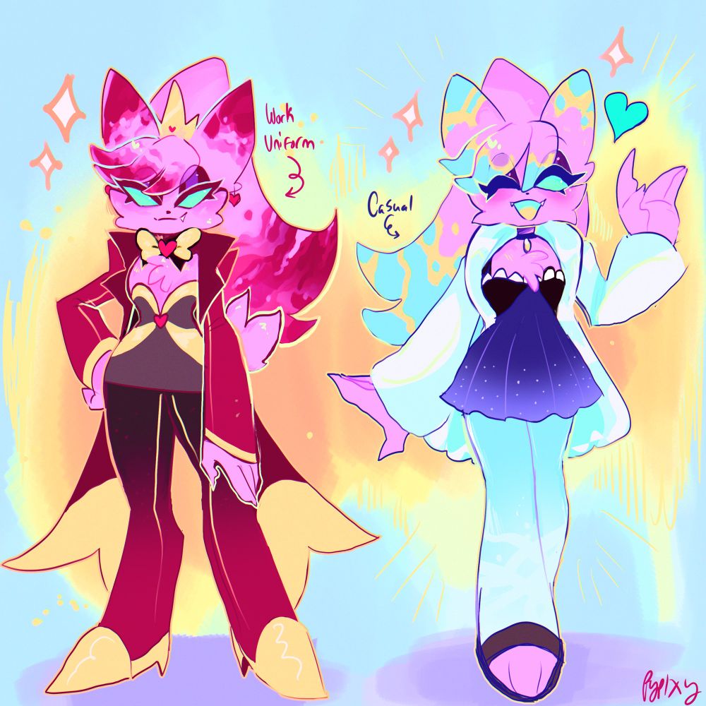 Pypixy’s original character Kiki, one is her work outfit and the other is her casual outfit. She is supposed to be a demon with some color alteration abilities.