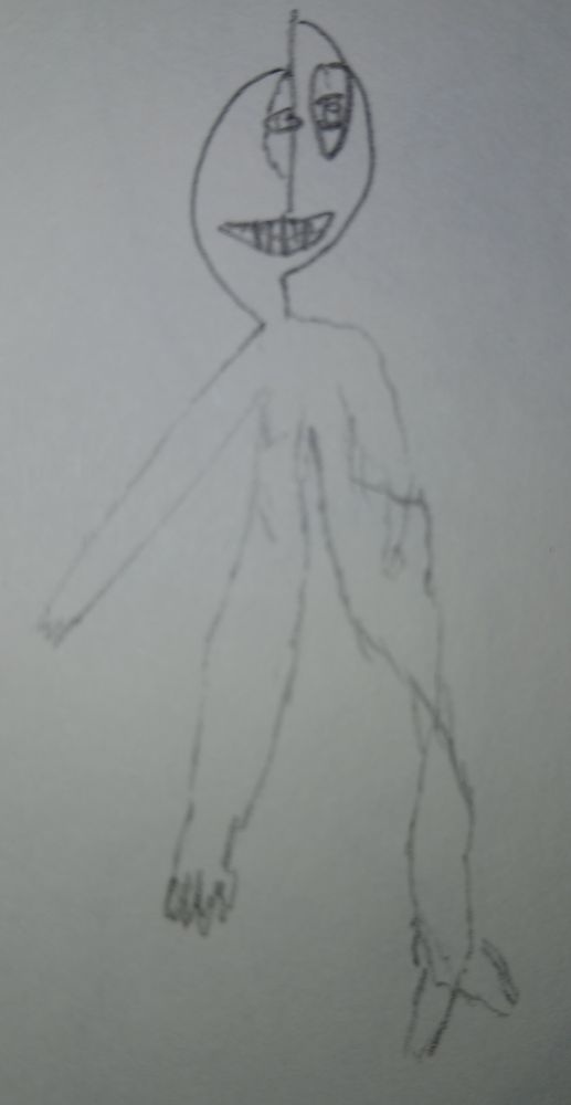 Sketched creature with ambiguously detailed limbs and a double helixed leg with a disjoint along it's faces' normal line of symmetry