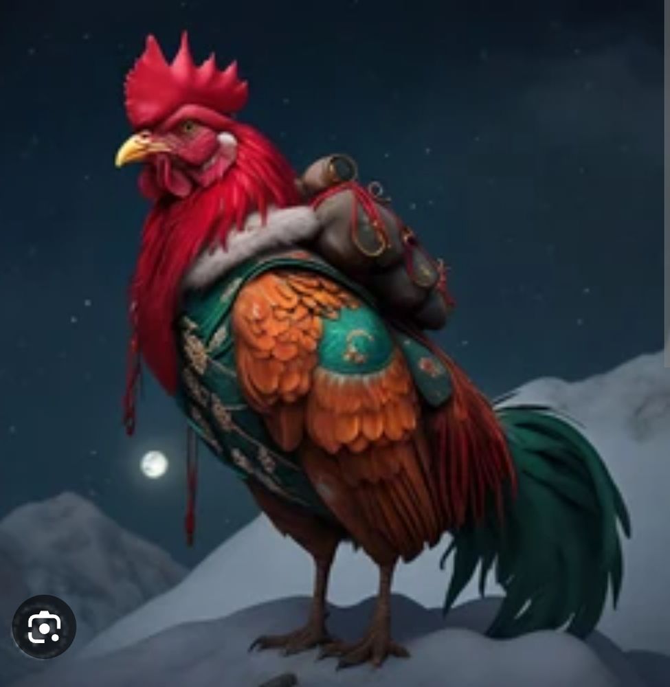 Bi De from Beware of Chicken - a rooster cloaked in his little vest with a backpack on, looking like he'll fuck up your day.