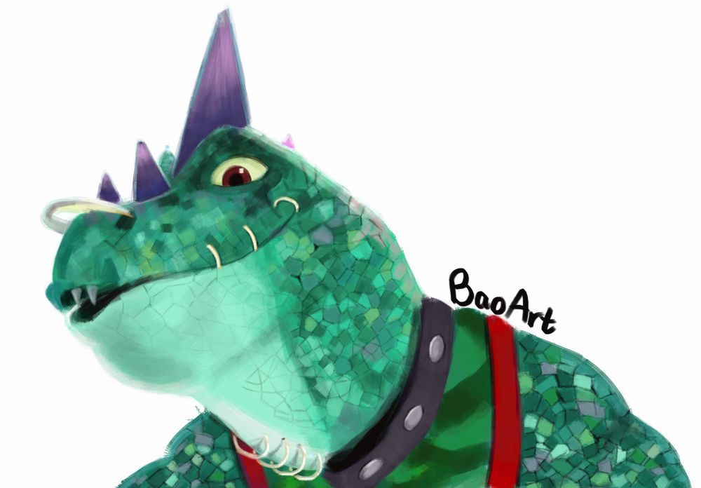 A green lizard with multicolored mottled scales sporting gold ring piercings on his nose, mouth, and neck.