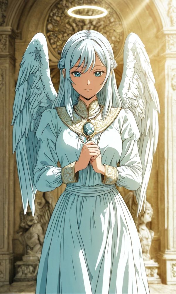 A white robed angel with a halo in anime style. Her hands are clasped and she looks peaceful