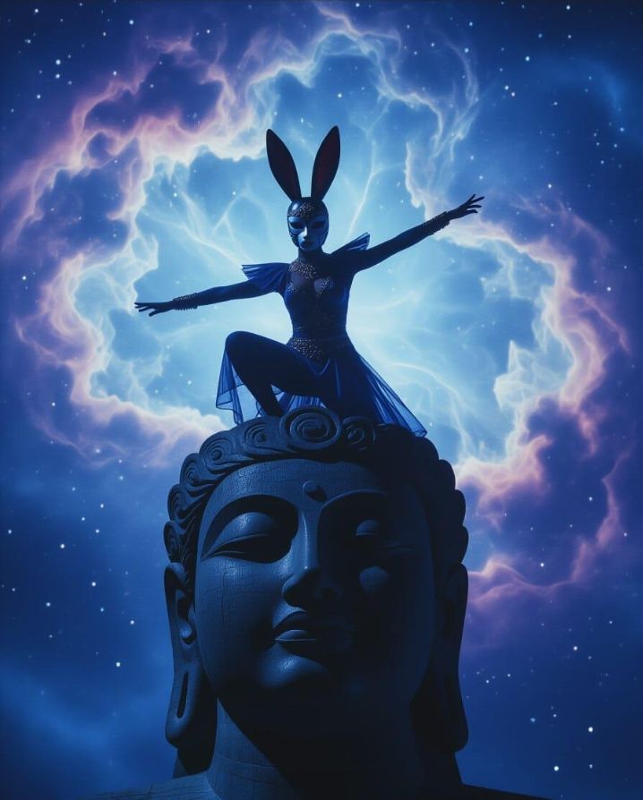Deep blue starry sky with a whorling purple nebula in the center. In the foreground is a gigantic Buddha statue with a serene face that is deep blue and lit slightly by the cosmic spectacle. Atop the Buddha's head a ballerina is posing in a deep lunge, her arms out to the sides in a broad gesture that suggests both poised balance and commanding power; she is wearing a thin blue gown with flared shoulders and the nebula and sky are shining through it. The dancer and/or magician is also wearing a full face mask that is shining dimly in the blue night, its almond eyes are dark and its rabbit muzzle is bright. The mask is crowned by two large and very straight rabbit ears which carve inky black ovals into the luminous magical night sky above her. It's a colorful and dynamic scene that invites metaphor and contemplation. It looks like a surreal movie still and was prompted in a language model using the emojis: 💃🐰🗿🌌🟦