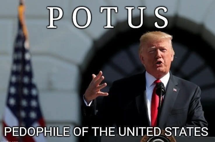 Image of donald trump outdoors in front of a podium & microphone, his right hand splayed out in an odd gesture, with the American flag off to the left side. The letters P O T U S are in white on the top of the image. The bottom caption reads "Pedophile of the United States" in caps