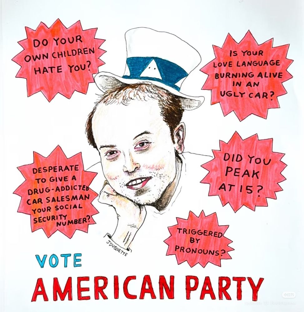 A comic drawing of elon musk wearing an Uncle Sam style hat with white triangles with 2 dots for eyes on the blue hat band. The triangles evolve klansmen robes. Several explosions with text surround his ugly, balding face, mocking his attempts to create a new political party in America