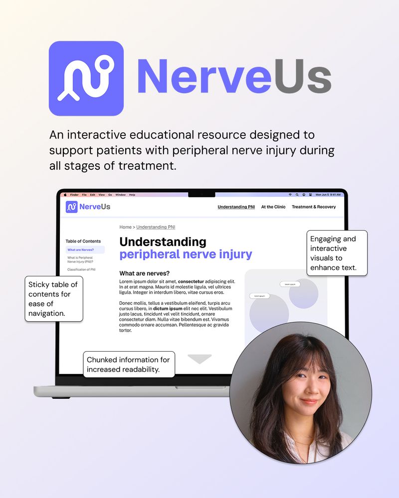An image that includes the NerveUs logo, a short description of its purpose, and a mockup of the website displayed on a laptop screen. The screen shows a webpage titled 'Understanding Peripheral Nerve Injury,' with a table of contents on the left and a section of text with interactive visuals. Callout labels highlight three key features: a sticky table of contents for navigation, chunked information for readability, and engaging interactive visuals. In the bottom right corner, there is a circular portrait of the project creator Bonnie Wang who has long dark hair and is smiling.