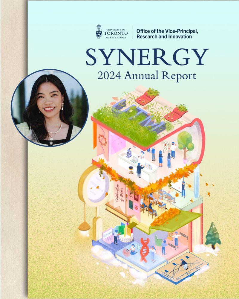 Cover of the University of Toronto Mississauga's Synergy 2024 Annual Report from the Office of the Vice-Principal, Research and Innovation. The cover features an illustration of a multi-level building with various research and innovation activities. The building has a green roof with plants, a lab, a classroom, and other collaborative spaces. The foreground includes symbols of science, diversity, and education, such as a DNA helix and an LGBTQ+ sign. The illustration is surrounded by autumn leaves and snow, suggesting seasonal transitions. In the upper left corner, there is an inset portrait of the creator Naomi Wee, a smiling young woman with long dark hair who wears a pearl necklace and a light-coloured top.
