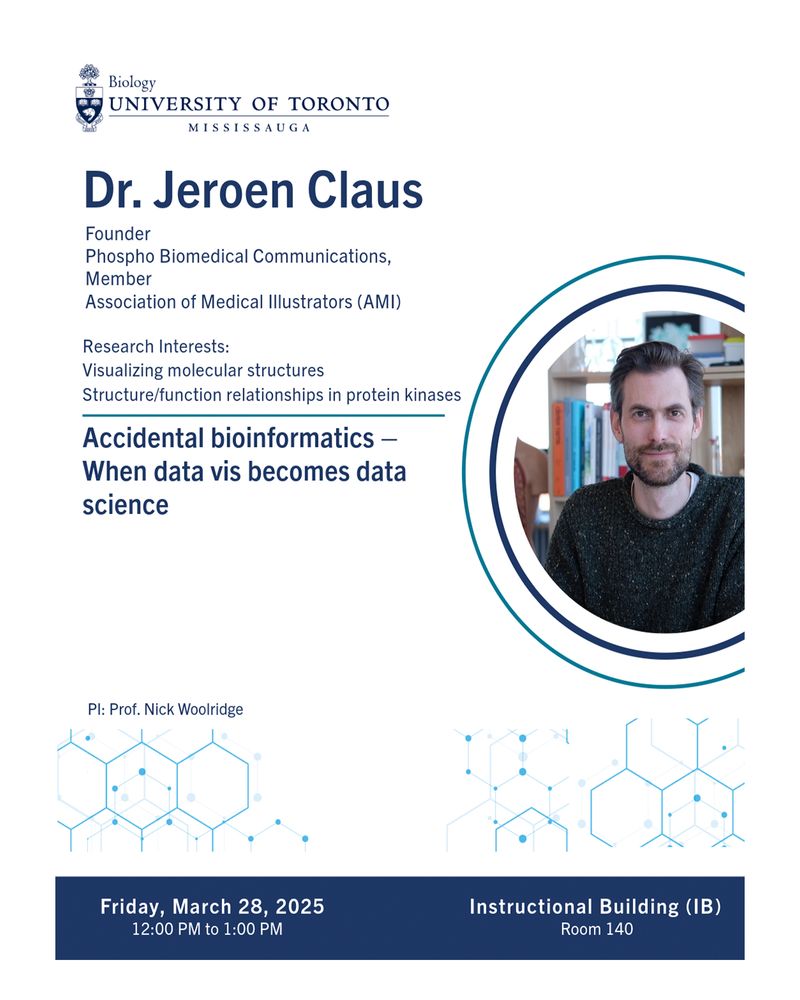 A seminar poster for Dr. Jeroen Claus, organized by the University of Toronto Mississauga's Biology Department. The poster includes a headshot of Dr. Claus, who has short brown hair, a beard, and is wearing a dark sweater, sitting in front of a bookshelf. The seminar title is "Accidental bioinformatics – When data vis becomes data science." Dr. Claus is the founder of Phospho Biomedical Communications and a member of the Association of Medical Illustrators, with research interests in visualizing molecular structures and protein kinase function. The event date was Friday, March 28, 2025, from 12:00 PM to 1:00 PM in the Instructional Building (IB), Room 140. Prof. Nick Woolridge is listed as the principal investigator. The design includes a decorative blue geometric pattern along the bottom and the UTM Biology logo at the top.