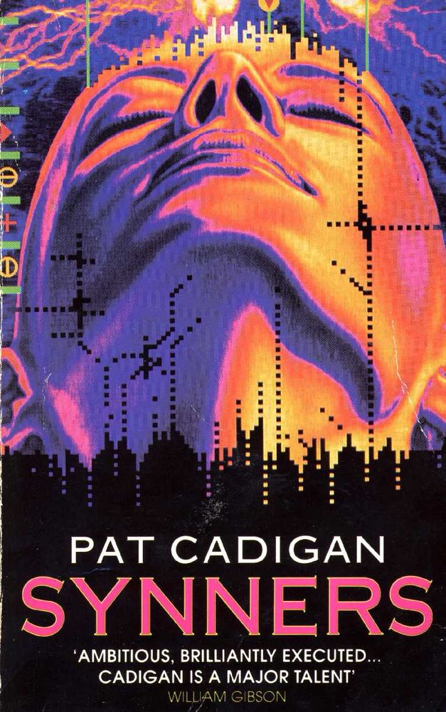 A woman’s face, rendered in hues of orange and purple, rises above a pixelated skyline 