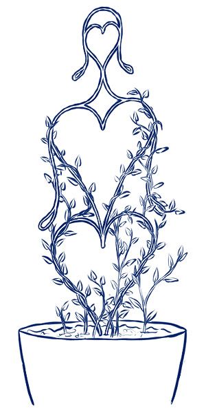 A potted plant climbing up a frame made of three hearts in a shape suggesting a woman's head, bust, and hips.