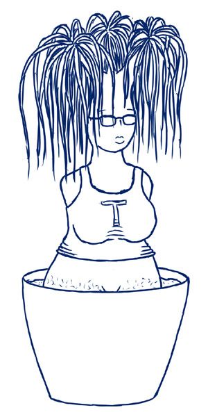 A woman turned into a potted plant (Beaucarnea) with her head and armless torso forming the stem. There is just a hint of her face holding up her glasses and her top is riding up as her body widens toward the base.