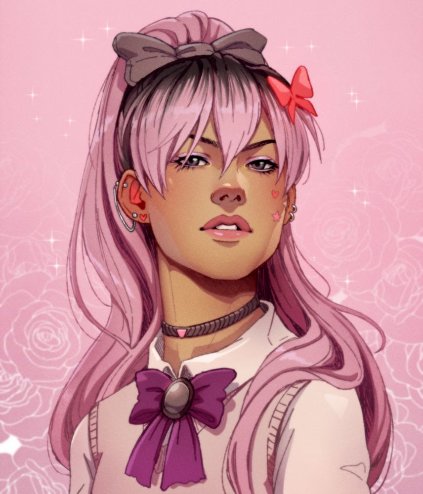 portrait of a girl with long pink hair in a ponytail. She wears a pink uniform with a bordeaux bow. 