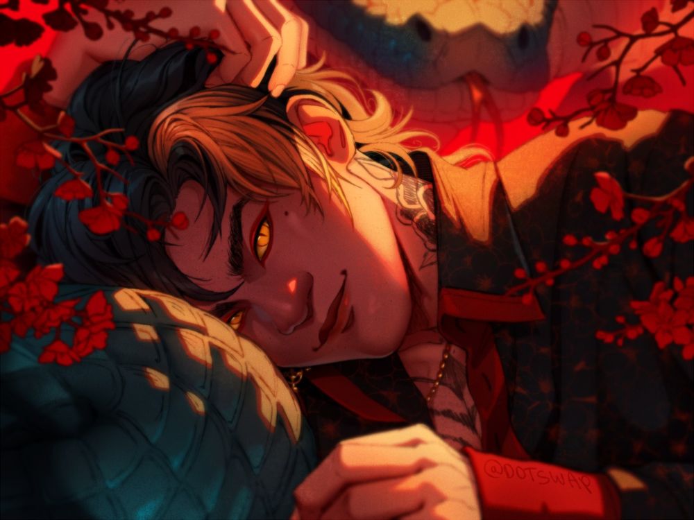 Illustration of my original character Yang Mu, who's representative animal is a snake, hence being perfect for this situation. 
He lays resting his head on a very large snake whose head looms in the background. He wears red makeup, and his eyes are a snakey gold, glancing the viewer with the smirk. The entire work is enveloped in dramatic red light with touches of turqouise, a sharp desaturated orange glowing from above and red cherry blossoms inching in from the sides.