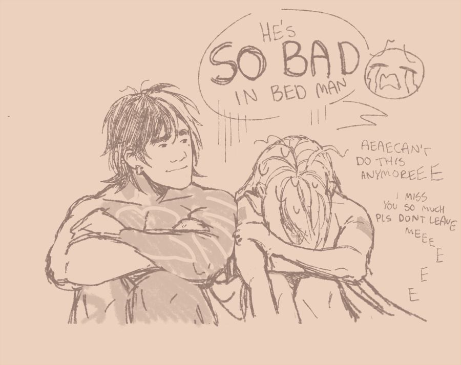 My characters Mu(left) and Rasha(right) converse in bed. 
Rasha finally cries 'He's SO BAD in bed man! aeaecan't do this anymoreee i miss you so much pls don't leave meee e e eeee'