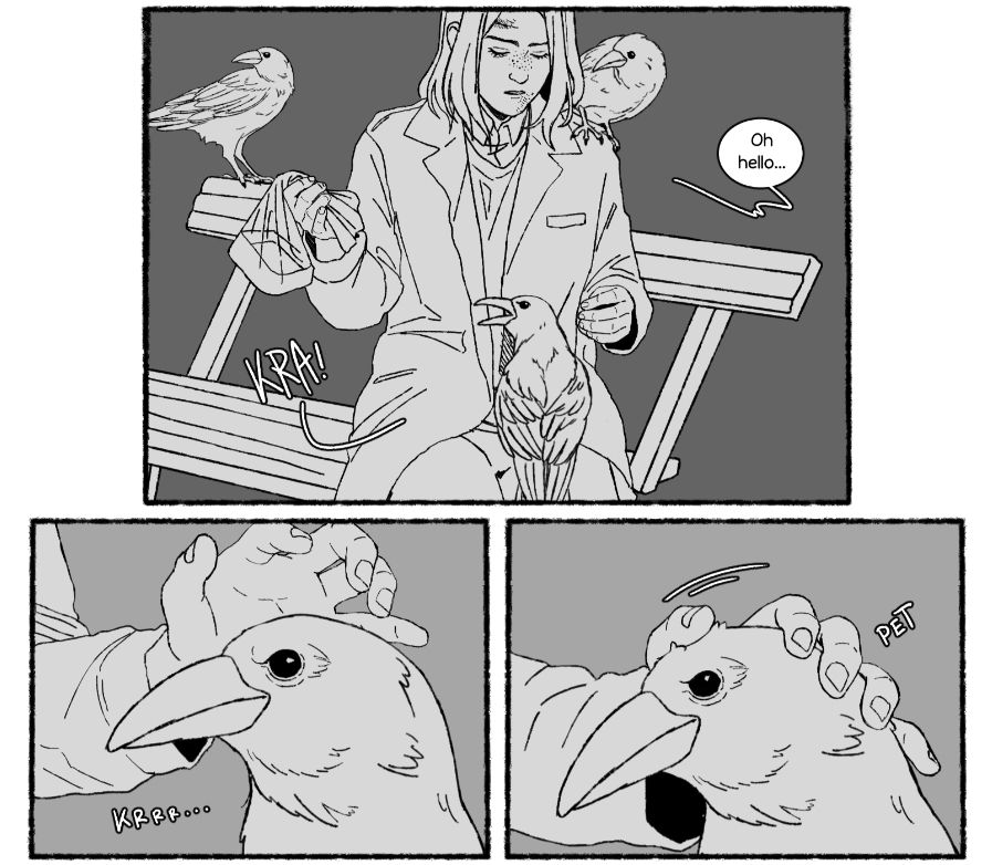 teaser panels of my comic, the murder of colin faust. a young boy sits on a bench, crows watching him intently. one lands on his lap and he apprehensively pets it.