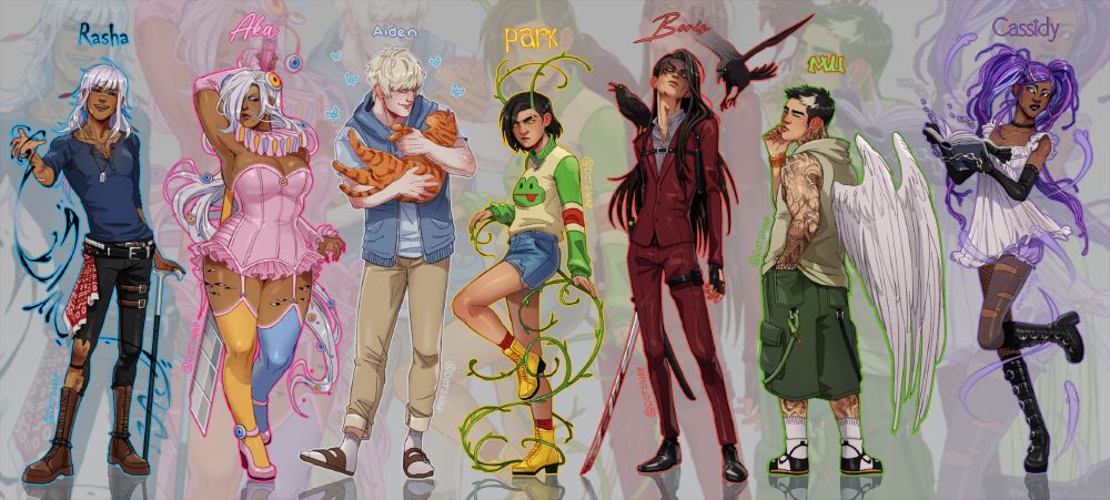 A lineup of my original characters.

From left to right:

Rasha: A slender figure with olive skin and long white hair, wearing punk-ish clothes. His eyes are pure black, and he holds out one hand summoning a black, slinky substance, while his other hand supports him with a cane.

Aka: A chubby woman with extremely long white hair that is decorated with buttons carrying eye motifs, all the way to her ankles. Her olive-toned body sports a pastel corset with mismatching stockings, and a large ruff around her neck. She carries an enormous sword behind her, looking like a boxcutter.

Aiden: A muscular individual wearing a blue shirt, khakis and birkenstocks. His hair is almost as pale as his skin, and whatever skin you can see is covered in freckles. His adoring eyes point downward to a pleased orange cat in his arms.

Park: A person of average build, with peachy skin and a jet black bob. She sports colorful clothes, and plant-like tendrils spawn around her feet which she uses to lean on. These also sprout from her forehead, curling back like antlers. Her eyes are an eerie yellow.

Boris: An extremely gaunt character with peachy skin and long, naturally black hair that is starting to grey. He wears a red suit adorned in black straps, and carries a bloody samurai sword. Crows fly to his shoulders, and his eyes glow an eerie yellow.

Mu: A person of stocky build, peachy skin and many tattoos. He wears street style clothes in olive colors, and his short black hair has a bleached, blonde tuft in it. On his back are large, white wings.

Cassidy: A skinny, dark-skinned figure in gothic, frilly attire. She carries an old book in her hands as she narrowly dodges several ghosts floating around her. Her big hair is put up in pigtails, and each textured dread is a different shade of purple and blue. She wears trad goth makeup.
