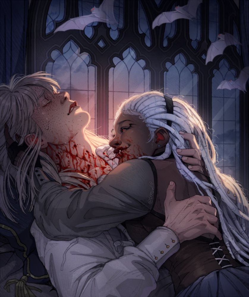 AU Illustration of two of my original characters, Cassidy & Aiden. Cassidy is a white-haired, red-eyed vampire, and her mouth is smeared in blood after repeatedly biting into her pale, sweating partner. Though the case at hand is savage, a tender embrace and smiles are shared between the two as a glowing sunrise ascends behind them, ghost bats flying past.