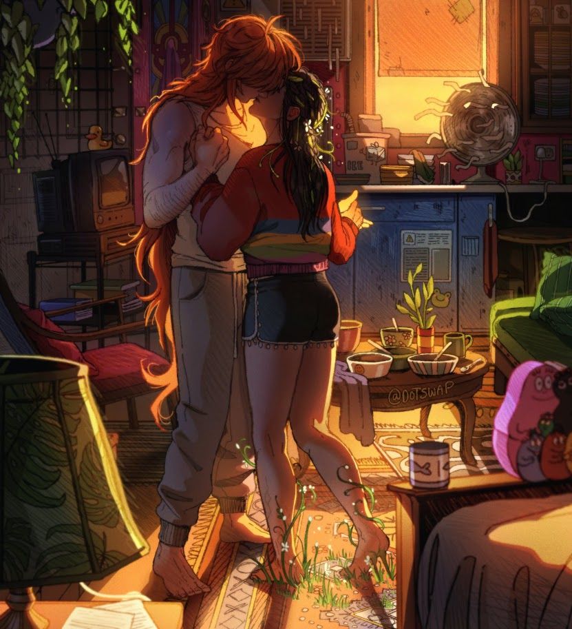 Illustration of my characters Sol (Left) and Park (Right) dancing in a warm-lit living room. A patch of flowers grow from Park's feet as she moves.