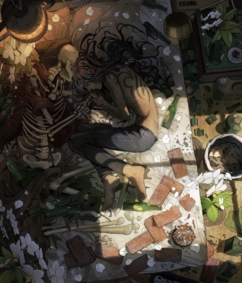 illustration of my character Boris, graying and malnourished, sleeping on a bed besides a corpse that is diminished to its bones. the entire room is a mess and a stark white light from a window lights up a small part of the bed.