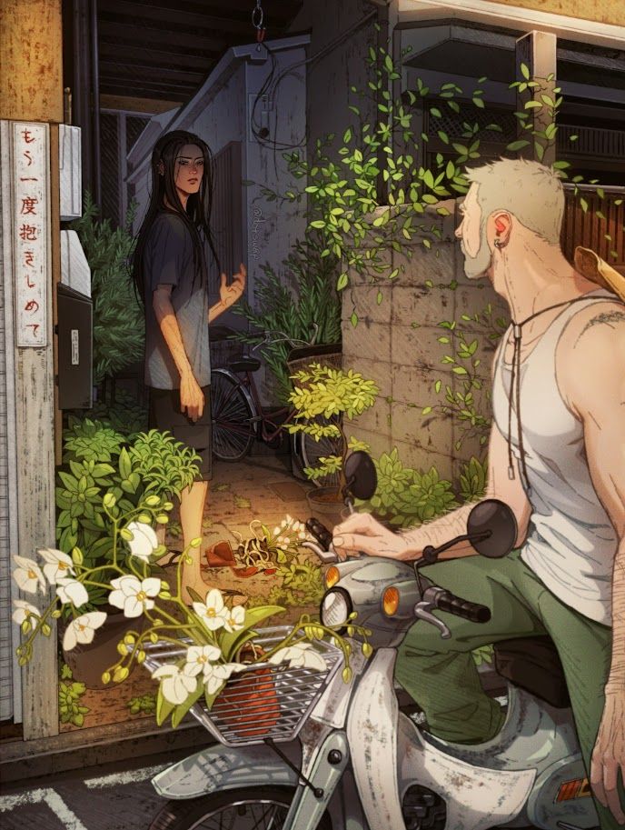 Illustration featuring my characters Boris (left) and Connor (right) 
Boris is standing in an overgrown alleyway in the shade, lifting up his hand to motion holding a potted orchid that he dropped by the sight of Connor before him. Connor is on a gray scooter, illuminated by light, carrying a shining orchid in the scooterbasket.
