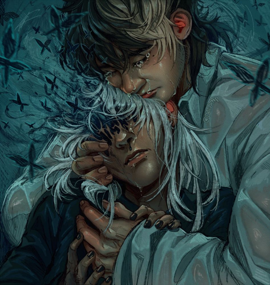 painting of my characters Mu (dark hair) and Rasha (white hair) in a melted embrace. they are clouded in a dark teal color and they are both wet with tears that Mu sheds. Rasha's head slowly corrodes into scribbled, chaotic butterflies that fly around them.

I am trying a more scribble-y approach with this artpiece to convey the chaos and raw emotion. I like it a lot!!