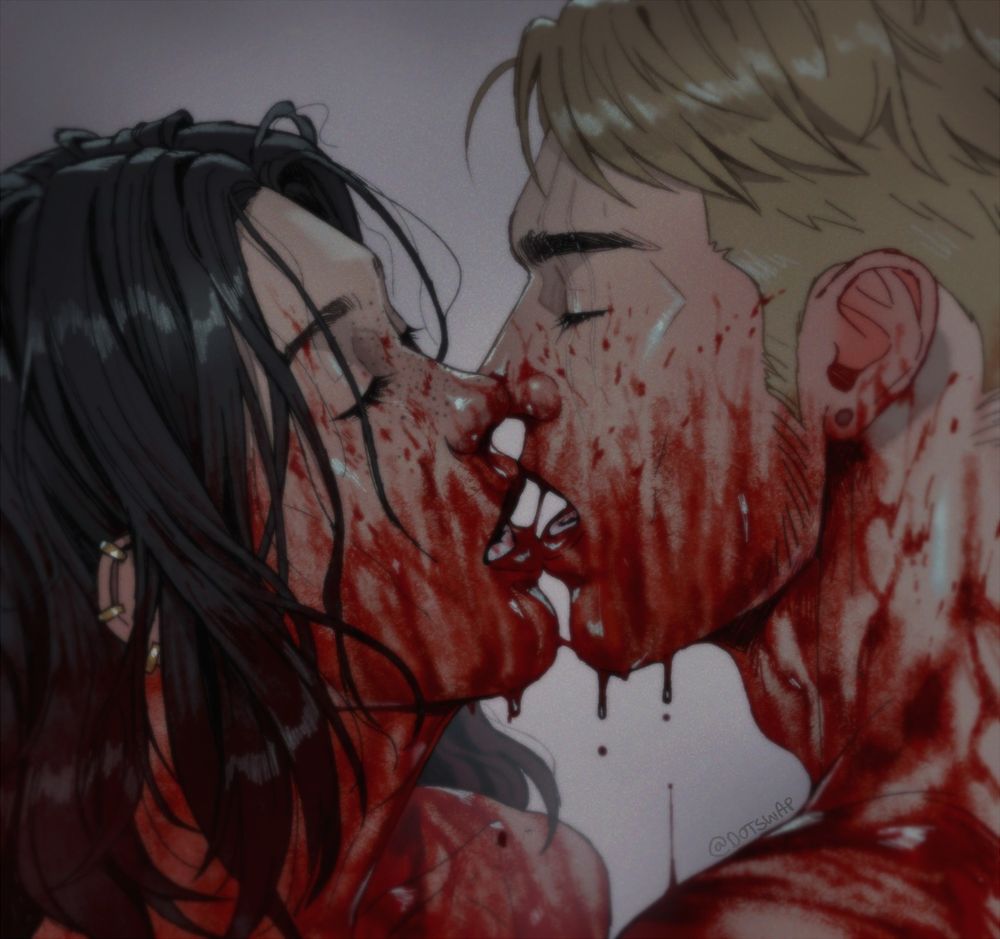 headshot illustration of my character colin/boris (left) and @/rapturessaviour.bsky.social 's fenneden (right)
the pair is intimately close, tied together by strings of concentrated blood that both of them are doused in from the nose down.
