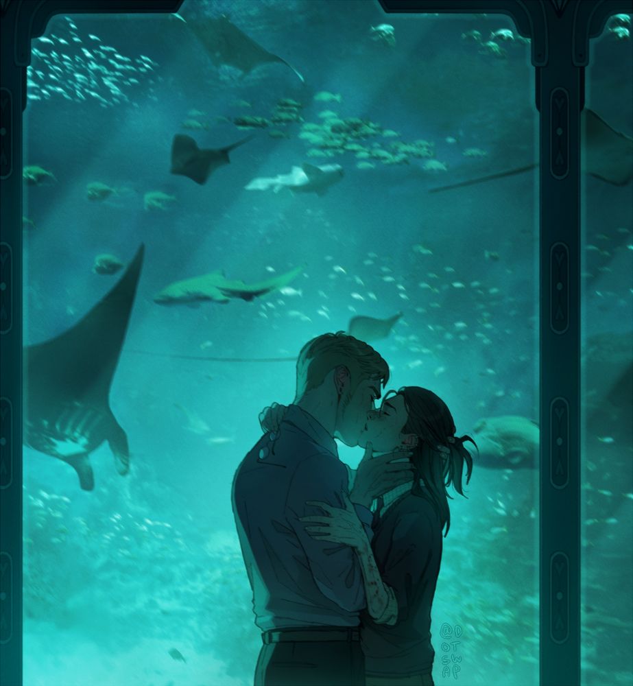 Illustration made of my character Colin (right) and @/rapturessaviour 's Fenneden (left) 
They are amidst a somber kiss, a giant glass wall seperating from the bottom of the ocean outside.