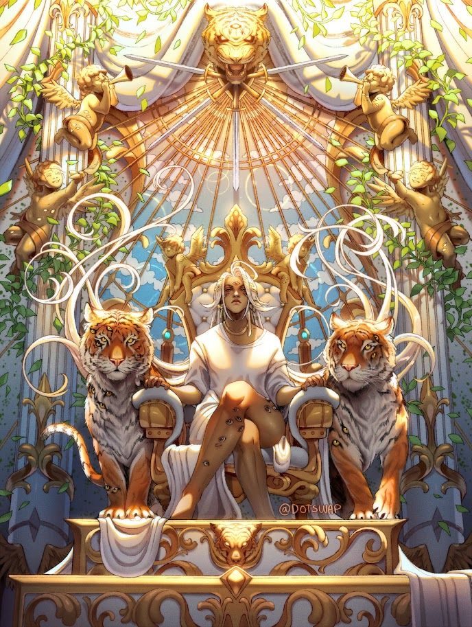 An illustration of my character Aka, sitting on a white/gold throne, two tigers by her side.