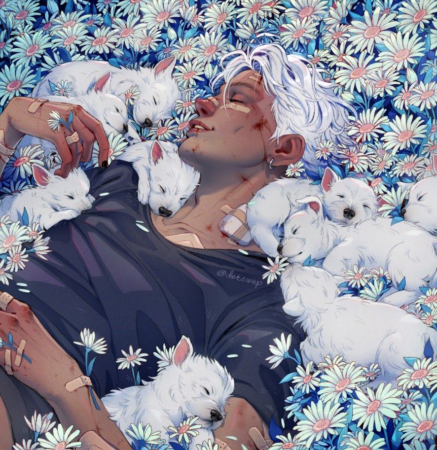 illustration of my character Rasha, in a meadow of blue-pink daisies, surrounded by westie puppies that match Rasha's white hair. Rasha is covered in bruises and band-aids, but his expression remains serene.