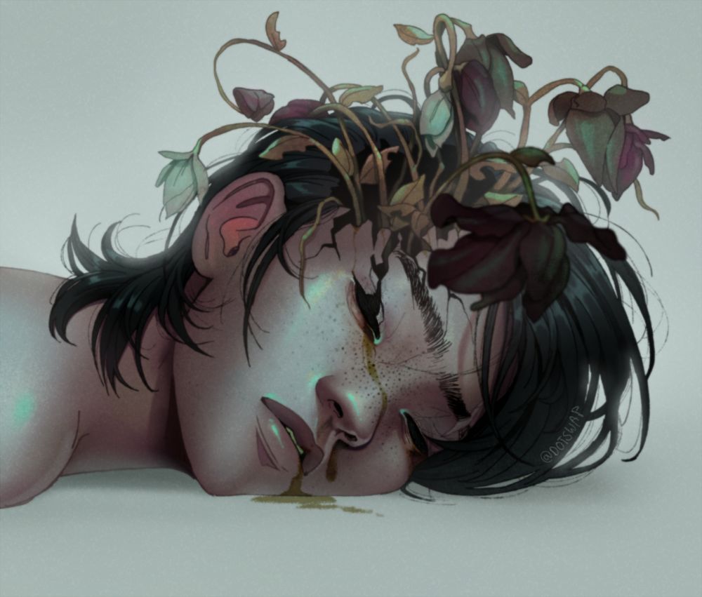 an illustration of my character Park, laying down. She is cropped by the shoulder, her head cracked open and eyes dark and vacant. Wilted purple and white flowers are placed in the hole in her head, and a yellow-y liquid rot dribbled from her eyes and mouth.