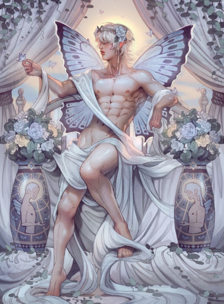 an illustration of my original character Aiden. he sports a crown, elven ears and baby blue butterfly wings on his back. he sits atop a bedframe, draped in white fabrics, the same fabrics acting as a canopy above him. two vases with blue and white roses sit on either side of him, one with an image of him in his childhood, another representing his future. a dim sunlight warmly lights him up from behind.