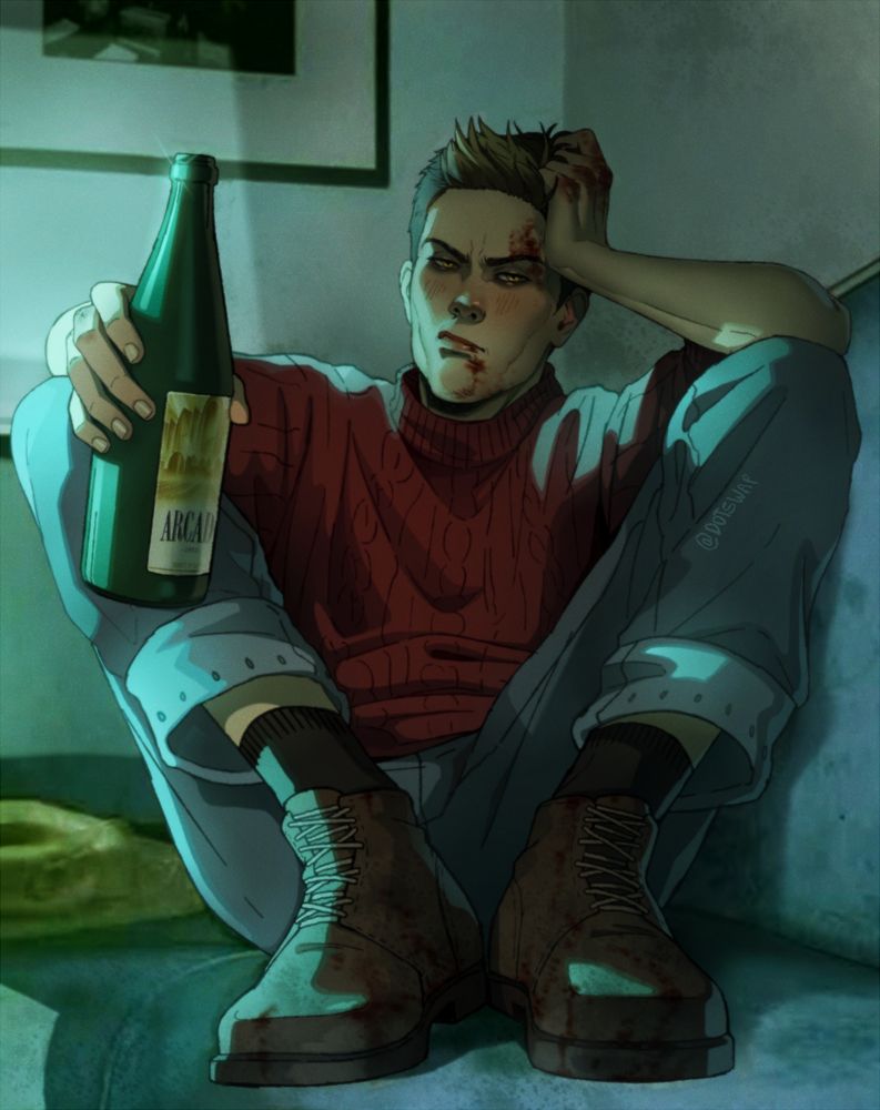 an illustration of a male character, sitting with his feet up on a blue couch. he wears a dark red turtleneck and jeans with brown boots. He sports a pouty, glaring expression with yellow piercing eyes, and there are scrapes and bruises on his face and knuckles. In his hand is a bottle of wine.