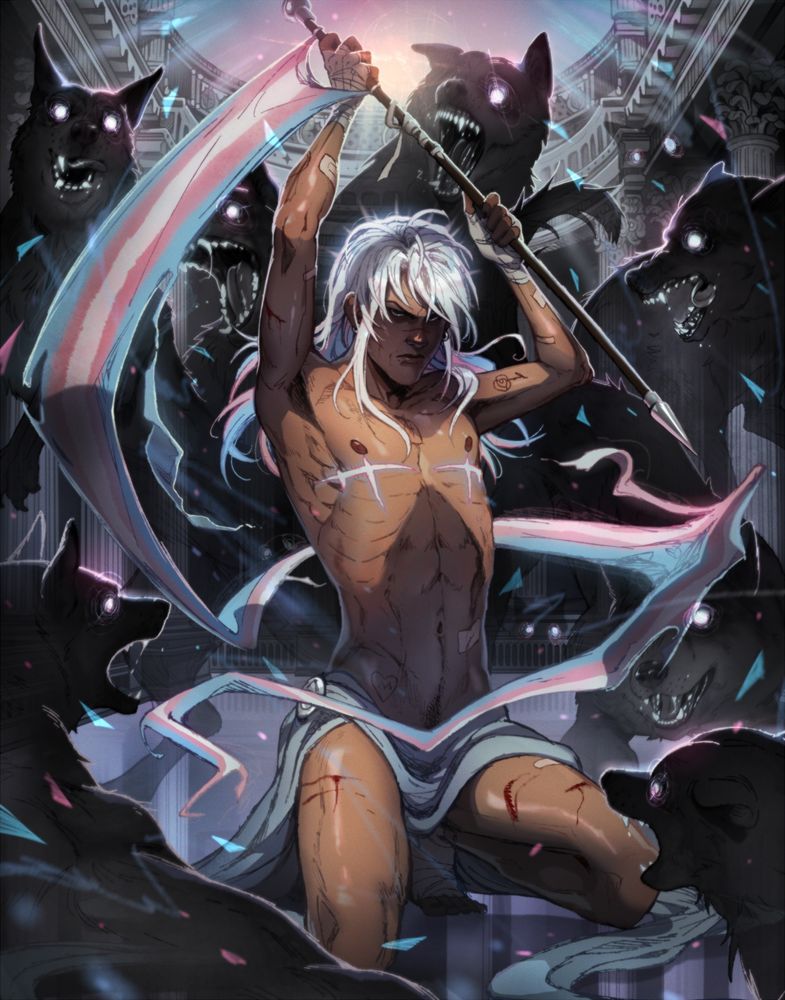 An illustration of my original character, Rasha, sitting deteminedly in the middle of a pack of shadowy, black wolves, with a muted cathedral behind them. he is clothed with but a loincloth, with scratches and bruises across his tan body. two, bright pink and blue colored surgery scars glow from beneath his chest, and his hair is vibrant in the same hues with a glowing crown emitting from it. his expression is determined, frustrated but ready. He carries a pole with a large, long transgender flag.
The wolves around him are rabid, their eyes glowing menacingly, their mouths drooling in hunger.
Above them, a blue and pink sun is arising.

description:
tho i am genderfluid, i dont use the trans label, HOWEVER.... ive never met a trans person that wasn't awesome, and i adore and am inspired by my trans friends, peers and mutuals, forever and ever. i will defend you and your rights till the day i die. this piece is in honor of you.
the character pictured, Rasha, is also trans!!! and though i don't often express anger with him, here, i wanted to show im pissed off, and ready to fight because damnit he's bein tested with everything that's going on...

one could deduce this to be about fending off bigotry, the wolves resembling rabid injustice - and ill definitely take that. 
but, if you know rasha at all, you'll know a wolf/dog is his representative animal, and i often display him as a wolf or with wolves by his side. so, my starting point was actually for this to be about the internalized struggle. rasha himself resembles the colorful desire to be who he truly is, and the wolves are also him, but they are just the learned instincts of fitting in, laying low and conforming. the 'inner trained dogs...' they are programmed to attack what is different in order to protect from harm, because lord knows how painful it can be to be yourself.

but now, he must eradicate those coping mechanisms, as much as they mean to defend. because a better, more vibrant life lies ahead.