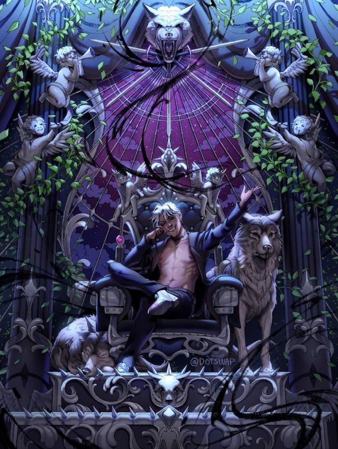 An illustration of my character Rasha, sitting on a blue/silver throne, two wolves by his side.
