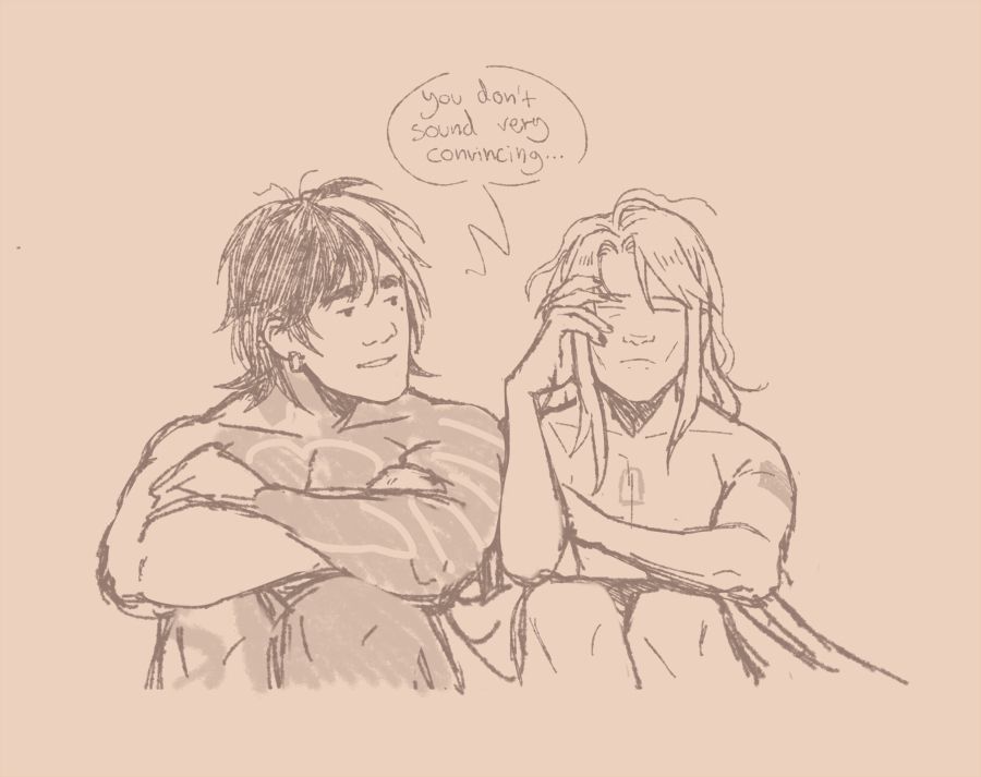 My characters Mu(left) and Rasha(right) converse in bed. 
Mu says 'you don't sound very convincing...'