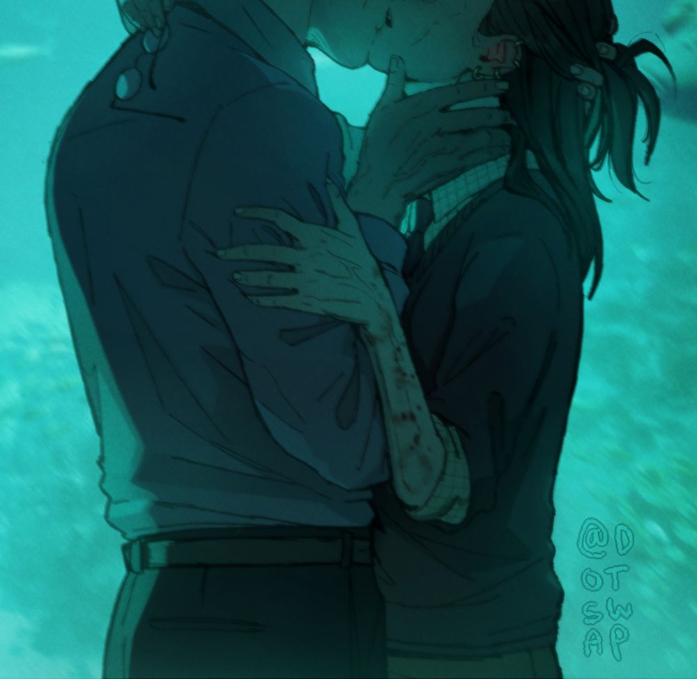 Illustration made of my character Colin (right) and @/rapturessaviour 's Fenneden (left) 
They are amidst a somber kiss, a giant glass wall seperating from the bottom of the ocean outside. This is the cropped, zoomed-in version