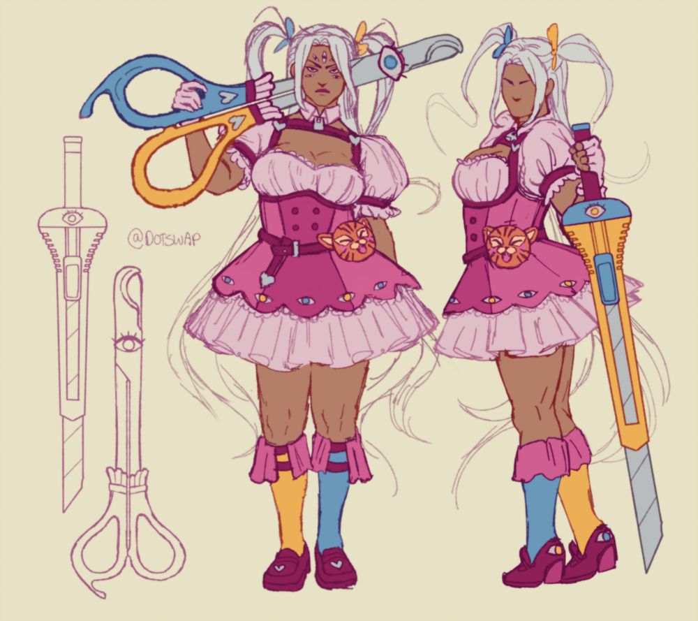 a rough reference sheet of my character Aka. 
She is in a frilly light pink dress with a darker pink corset-type overcoat and belts on top. She wears blue and yellow socks with pink loafers, and her long white hair is flowing freely, two little sections put up in pigtails with blue and yellow bows. On her hip is a cute orange tiger pouch.
She displays two different weapons - a pillcutter and a boxcutter, referencing her real life struggle with self harm and addiction. There is also a lock around her neck, referencing her feeling trapped. Lastly, there are multiple eyes in blue and yellow scattered around her wear, a nod to social anxiety and the experimentation she was subject to as a child - ie, the source of all her mental problems.