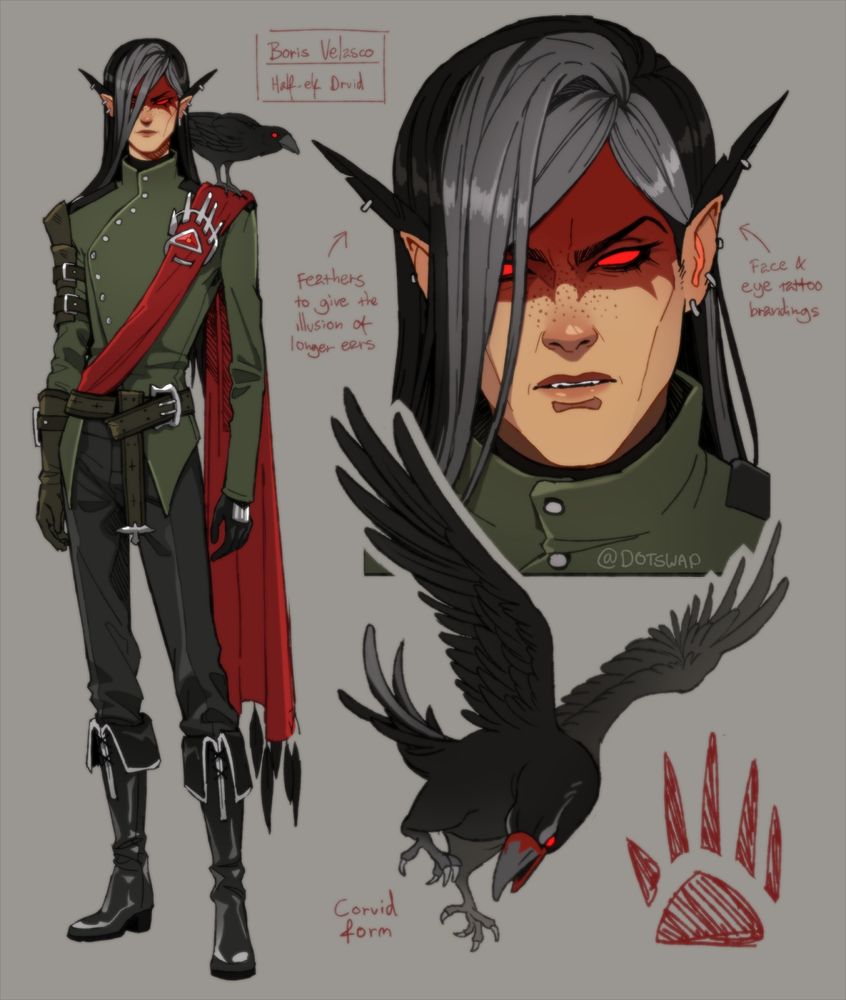 reference illustration of my character boris velasco, but in an alternate universe where he is a half-elf druid, in a high position of an evil religion (Bane) 
His hair is long and black with graying moneypieces. His eyes and forehead has been tattooed a deep red in torture branding.
He wears long black boots, a dead green colored jacket with mossy leather accessories. His short ears are elongated with black feathers, and black feathers drop from a red cape over his left shoulder. The symbol of Bane is evident on his chest as a giant silver brooch with a ruby gem.

if youre curious about his backstory, he essentially tries to escape the religion he was born into when he was younger, thinks he is succesful for a few years, until he is caught, tortured and brainwashed and everything he ever loved gets burned to the ground in the name of discipline. so now he wants everything to die.