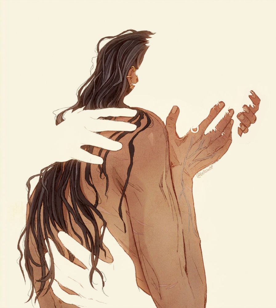 illustration of my character boris velaso, looking older and worn, being held by a warm, glowing figure that blends into the background. 
this piece visualizes boris' death, and how he wishes for it to feel like a warm hug that lulls him to sleep.